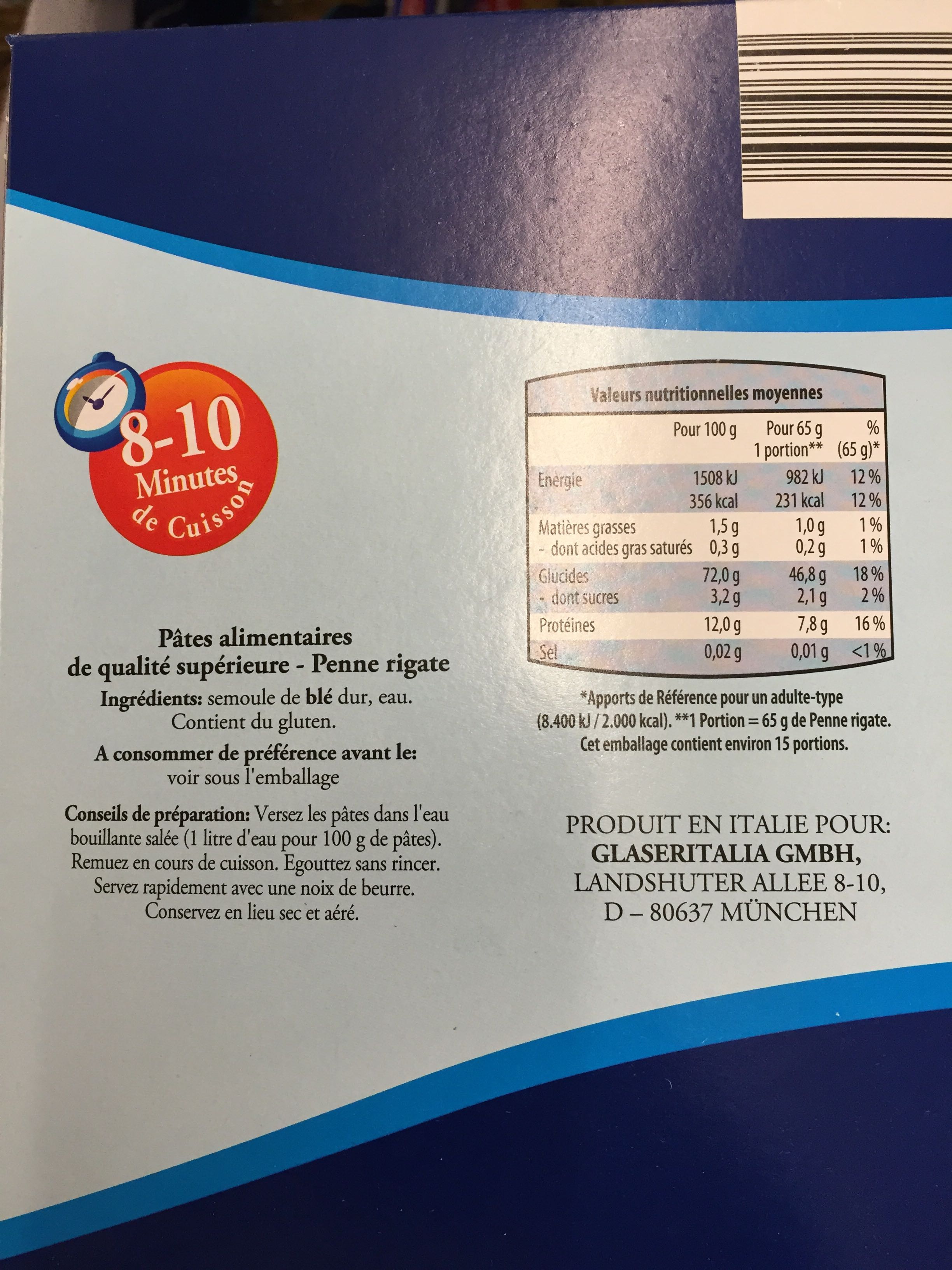 Penne Rigate (Pâtes alimentaires de qualité supérieure)