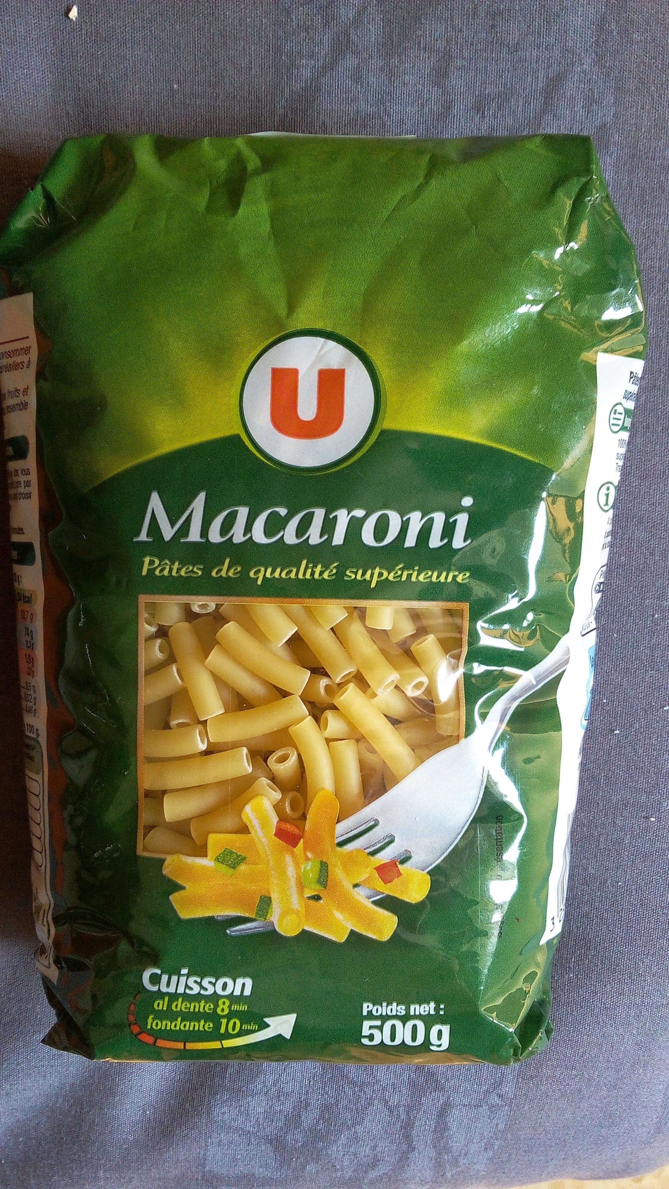 Pâtes Macaroni qualité supérieure, paquet cello de 500g