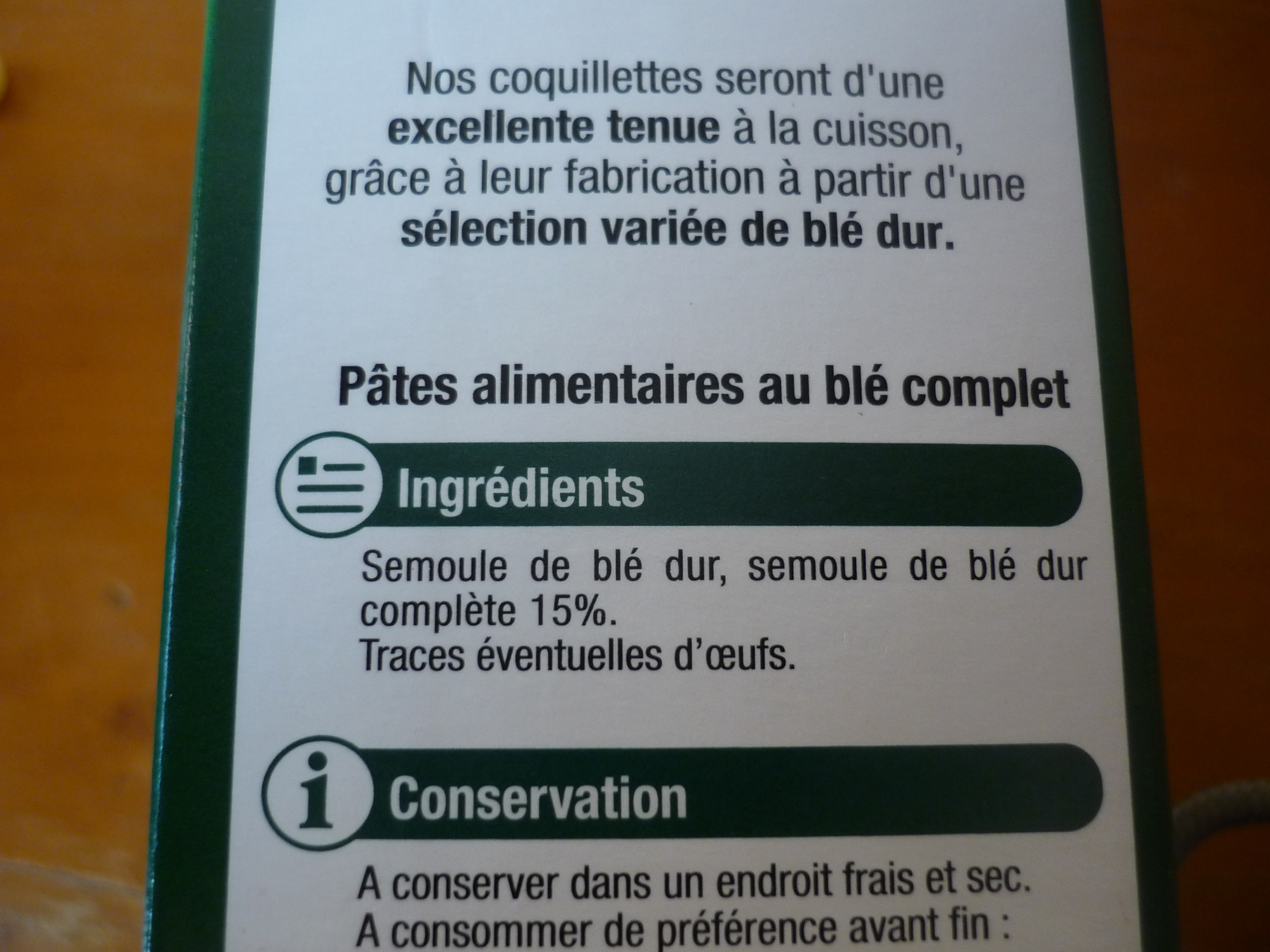 Pâtes Coquillette au blé complet sachet de 500g