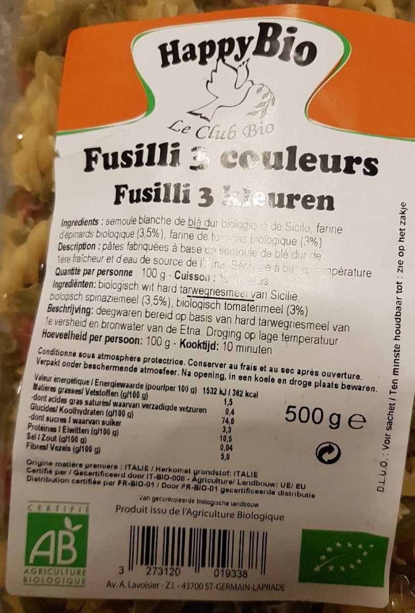 Fusilli bio 3 couleurs