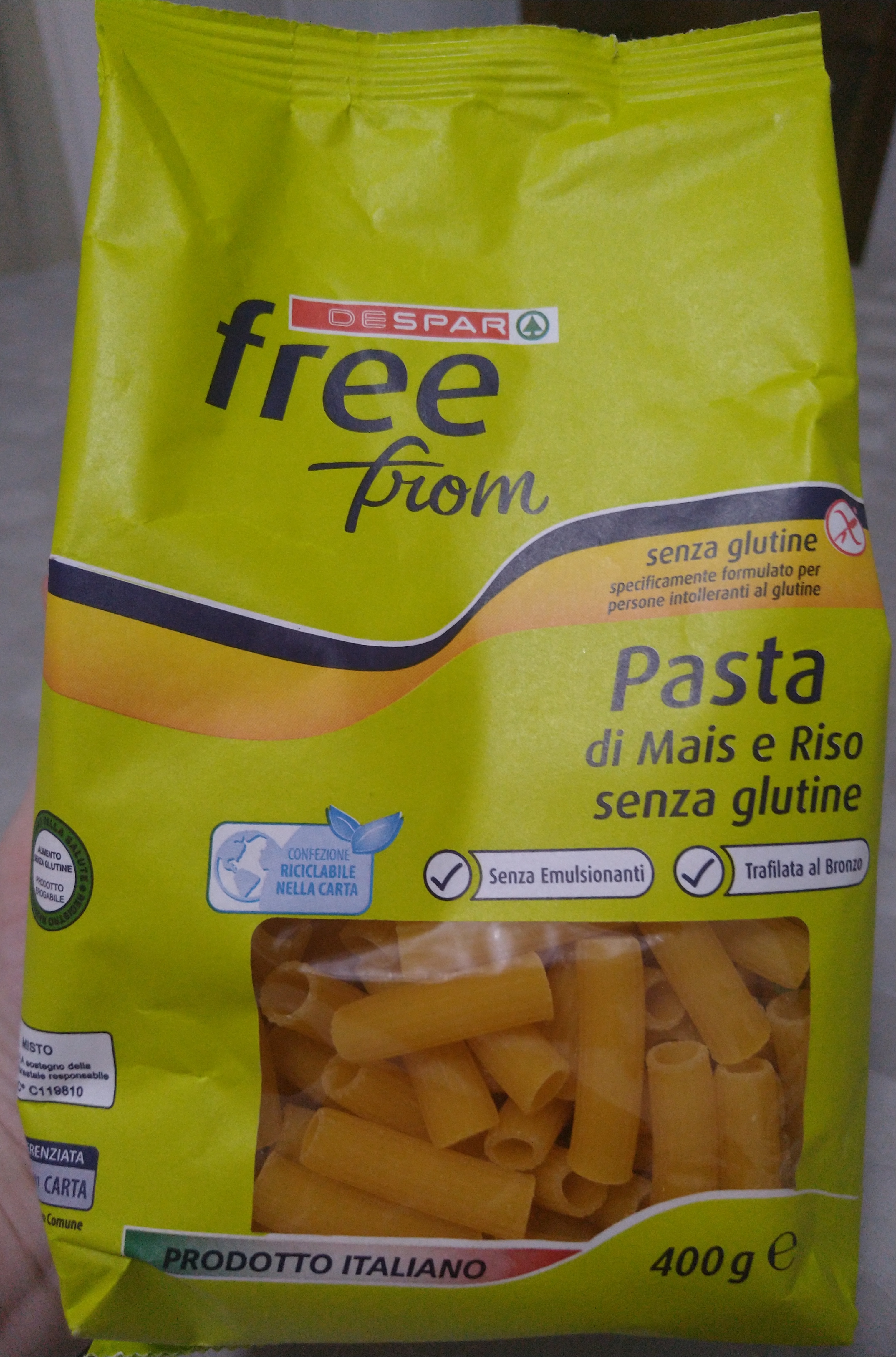 Pasta di mais e riso senza glutine