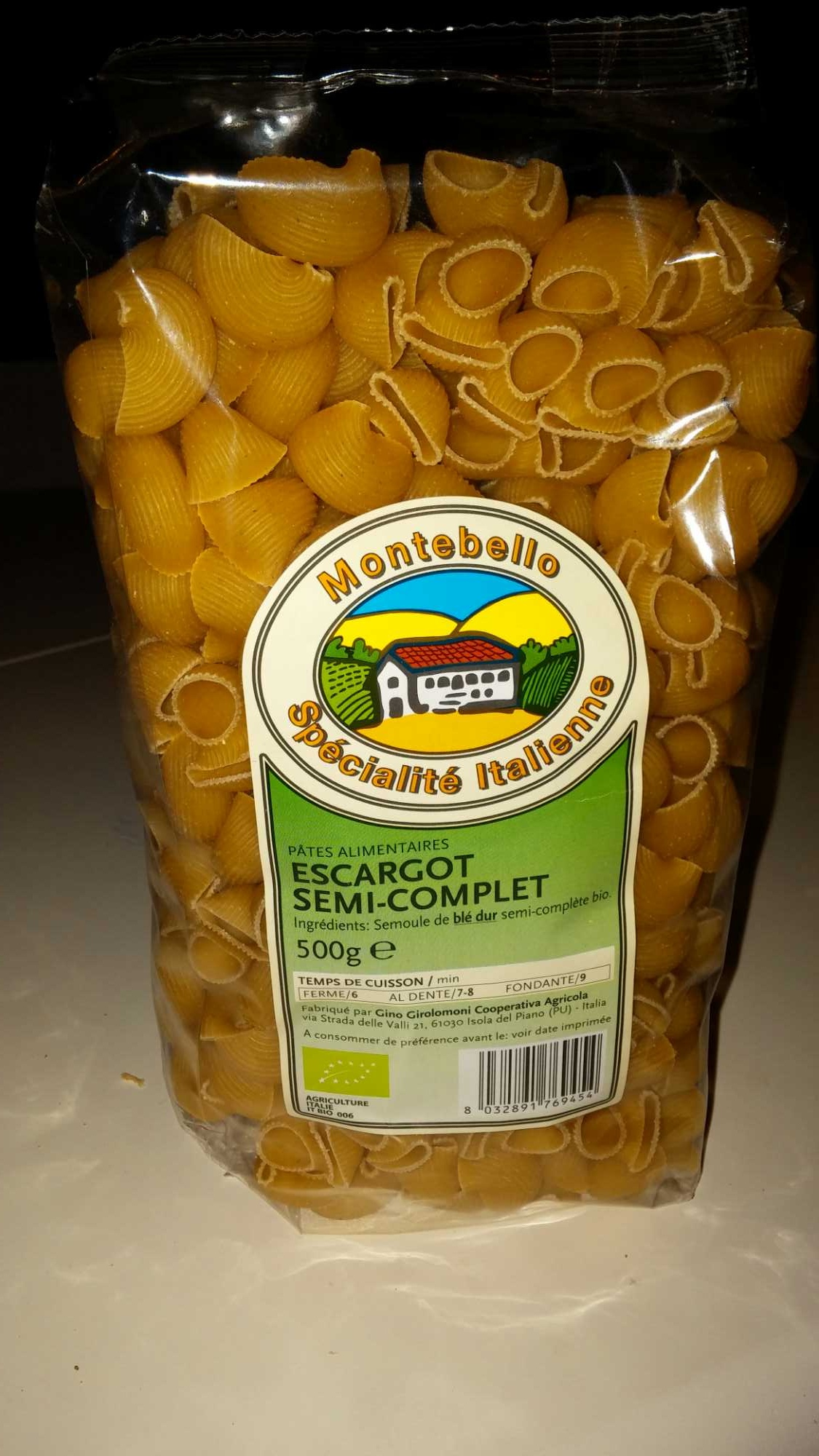Pâtes alimentaires Escargot semi-complet